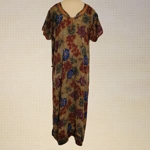 Vintage 80s Floral Cotton Nightgown Flow Dress Yoke Nightwear XL Green Sheer